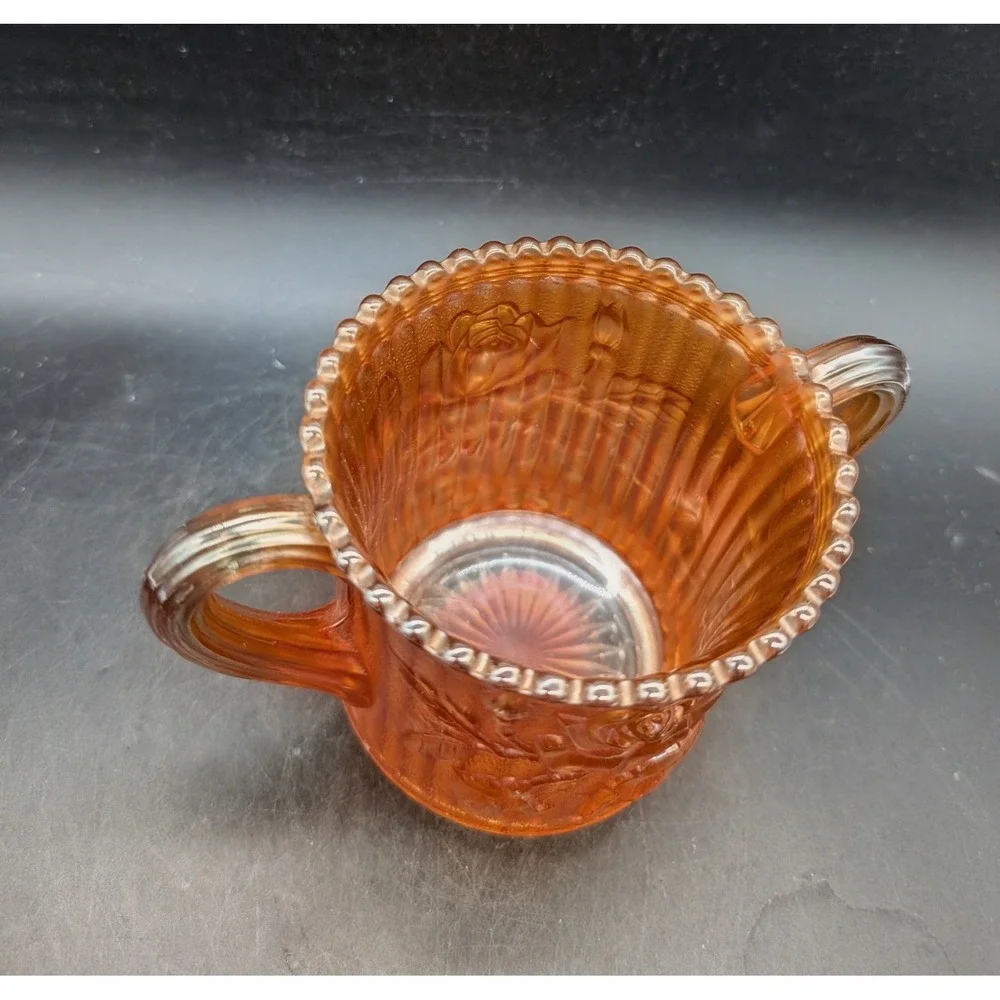 Imperial Glass Marigold Carnival Glass Lustre Rose Open Sugar Bowl Double Handle
